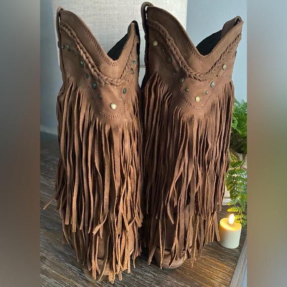 Liberty Black Womens 9M Vegas Fringe Boho Cowboy Boots Luxury Leather Boot Brown - Picture 6 of 14